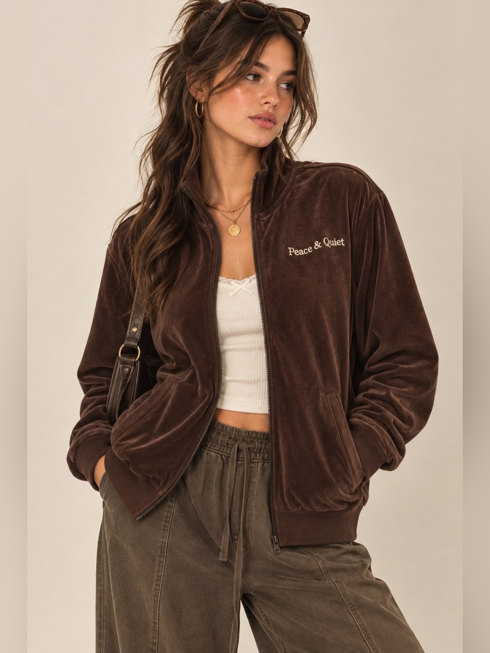 Museum of Peace & Quiet Brown Velour Track Jacket Y2K 90s Minimalist Sz S